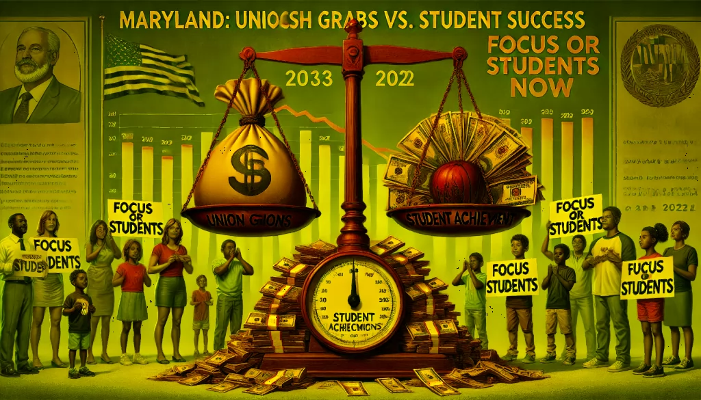 **Alt Text:** A scale with a large bag of money labeled "Union Revenues" heavily outweighing a book labeled "Student Achievement." In the background, a graph shows declining test scores from 2013 to 2022, while parents and students hold signs reading "Focus on Students" and "Reform Education Now," symbolizing frustration with the imbalance between union wealth and student success.