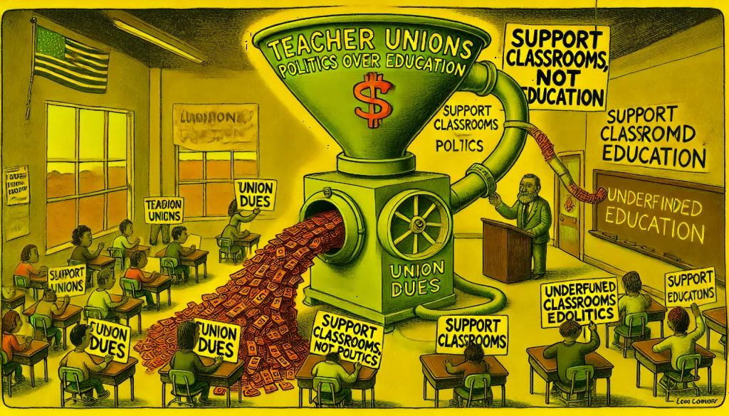 A 4x6 satirical illustration titled "Teacher Unions: Politics Over Education," showing a classroom where a large funnel labeled "Union Dues" channels money into a political machine, which produces campaign signs for progressive causes. Frustrated teachers in the foreground hold signs reading "Support Classrooms, Not Politics," while students sit at desks labeled "Underfunded Education," symbolizing the diversion of resources from education to political agendas.