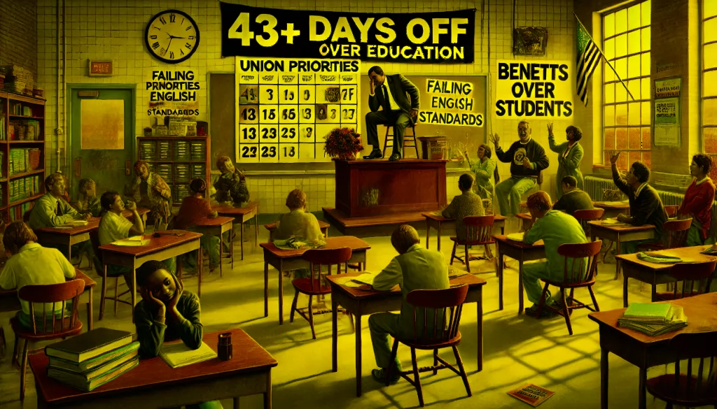 A classroom scene titled "Union Priorities: Time Off Over Education," featuring an empty teacher's desk labeled "43+ Days Off" and a calendar marked "More Leave Demanded." In the background, struggling students hold books labeled "Failing English Standards," while union leaders celebrate under a banner reading "Benefits Over Students," highlighting the gap between union demands and educational accountability.