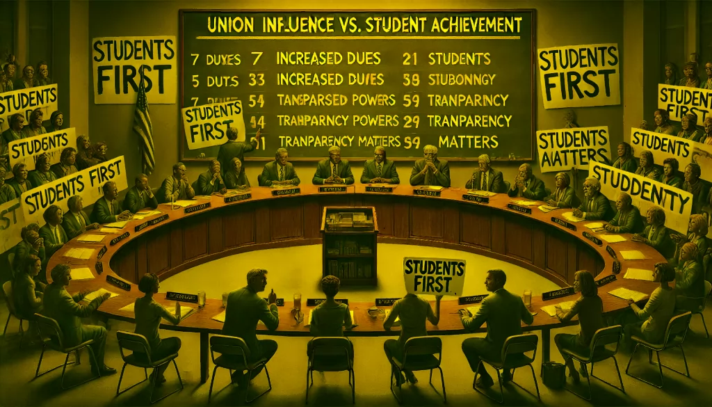 A school board meeting scene titled "Union Influence vs. Student Achievement," with 7 out of 10 seats occupied by figures labeled "Union-Backed Candidates" prioritizing union interests listed on a chalkboard. On the other side, parents and students hold signs reading "Students First" and "Transparency Matters," highlighting the tension between union influence and student-focused priorities.