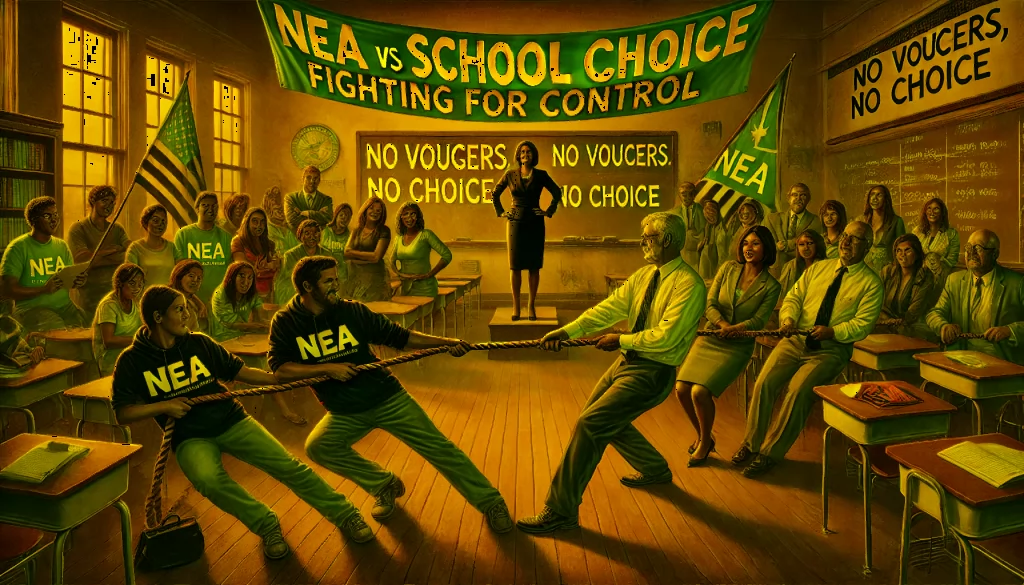 An illustration of a tug-of-war between parents advocating for 'School Choice for Students' and NEA President Becky Pringle with union representatives pulling against them with a banner labeled 'No Vouchers, No Choice.' The background features a classroom divided: one side vibrant and filled with opportunities, while the other is dimly lit, with stacks of union dues funneling into a political machine.