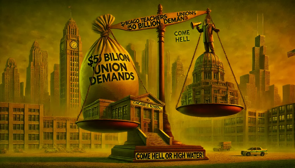 An illustration of a tipping scale with a massive bag labeled '$50 Billion Union Demands' overpowering a fragile school building labeled 'Chicago Public Schools.' The background depicts a city crumbling under financial strain, while a union leader with a megaphone shouts, 'Come hell or high water!' symbolizing the unsustainable demands of the Chicago Teachers Union.