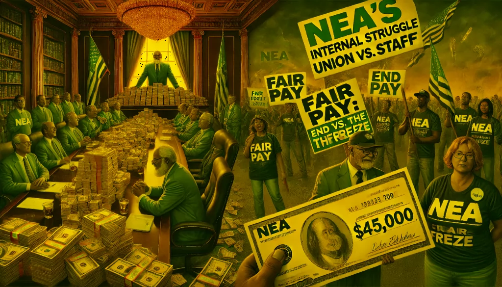 A split scene titled "NEA’s Internal Struggle: Union vs. Staff." On the left, a lavish NEA boardroom with executives counting stacks of money symbolizes power and wealth. On the right, striking union staff hold picket signs reading "Fair Pay" and "End the Freeze." In the background, a frustrated teacher holds a paycheck labeled "$45,000," with a thought bubble showing unmet classroom needs like books and supplies.