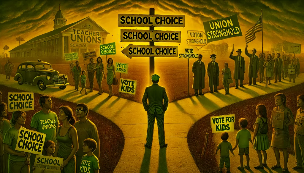 A fork in the road with two signs: "School Choice" leading to a thriving school and "Teacher Unions" leading to a dilapidated building. Parents push past a union leader blocking the "School Choice" path.