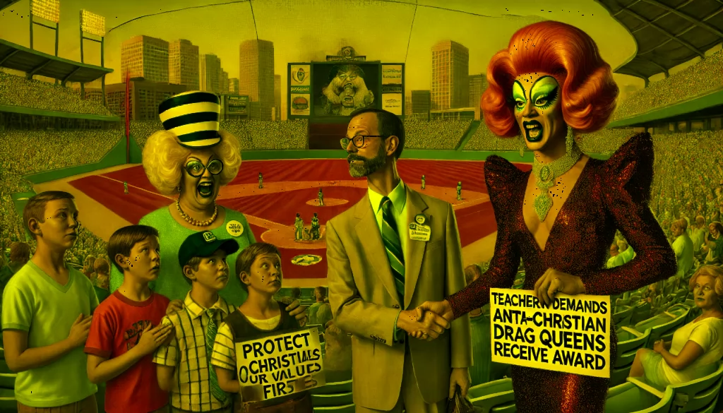 A stadium scene with a baseball game in the background. In the foreground, a teacher union leader shakes hands with caricatured drag queens symbolizing a controversial activist group. Frustrated parents in the stands hold signs reading "Protect Our Values" and "Education First," highlighting the conflict between union-backed activism and public sentiment.