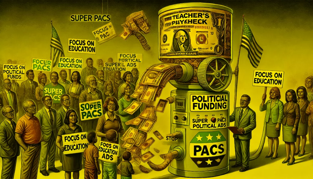 **Alt Text:** A teacher’s paycheck being funneled into a machine labeled "Political Funding," with dollar bills turning into signs reading "Super PACs" and "Political Ads," while frustrated parents and educators hold signs saying "Focus on Education" and "Stop Misuse of Funds."
