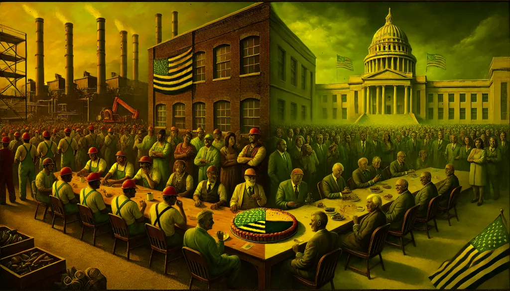 **Alt Text:** A scene contrasting private trade unions and public sector unions: on the left, workers and management negotiate over a pie labeled "Profit" in a factory setting; on the right, union leaders and politicians shake hands over a pie labeled "Taxpayer Money" in front of a government building, while concerned citizens watch in the background.