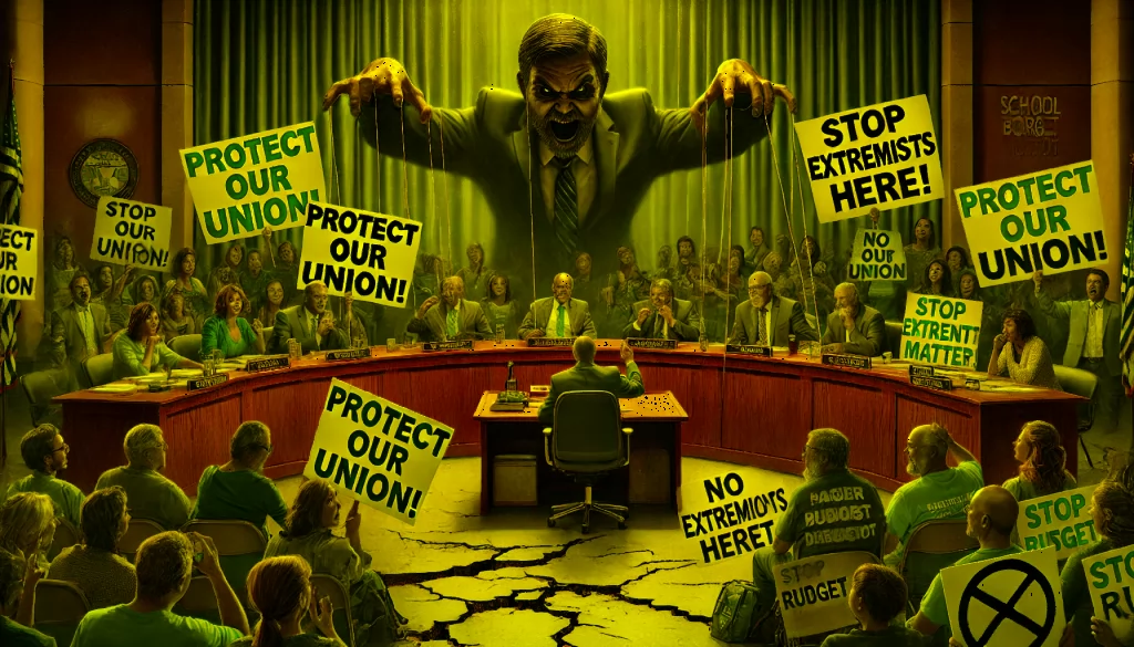 **Alt Text:** A chaotic school board meeting with union activists holding signs, board members controlled by puppet strings from a shadowy figure, and a document labeled "District Budget Deficit" on the table.